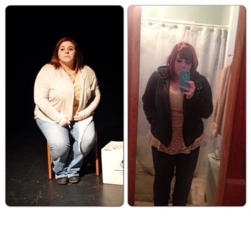 A picture of a 4'10" female showing a weight loss from 247 pounds to 209 pounds. A total loss of 38 pounds.