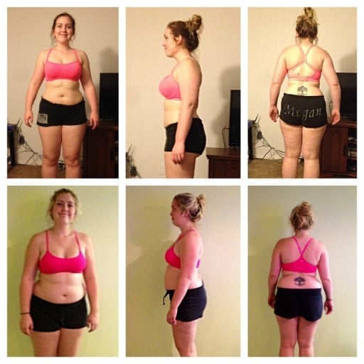 A photo of a 5'2" woman showing a fat loss from 162 pounds to 152 pounds. A net loss of 10 pounds.