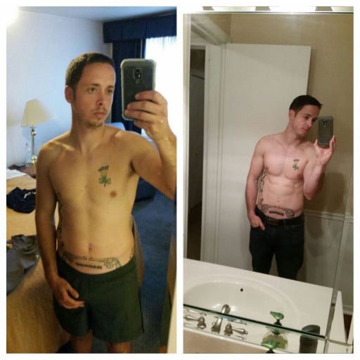 A progress pic of a 5'7" man showing a fat loss from 160 pounds to 155 pounds. A total loss of 5 pounds.