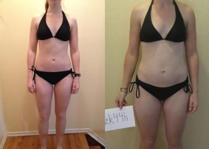 A before and after photo of a 5'8" female showing a snapshot of 140 pounds at a height of 5'8