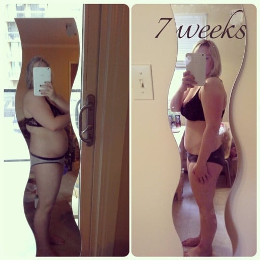 A picture of a 5'4" female showing a weight loss from 208 pounds to 184 pounds. A total loss of 24 pounds.