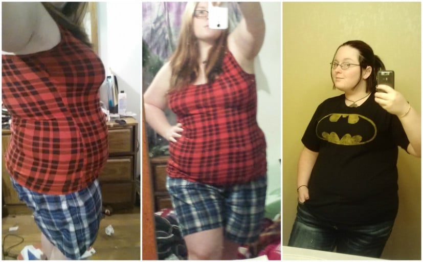 A photo of a 5'2" woman showing a weight reduction from 212 pounds to 161 pounds. A total loss of 51 pounds.