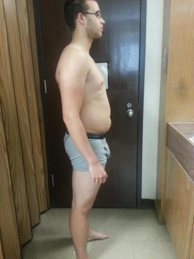 A before and after photo of a 5'8" male showing a snapshot of 172 pounds at a height of 5'8