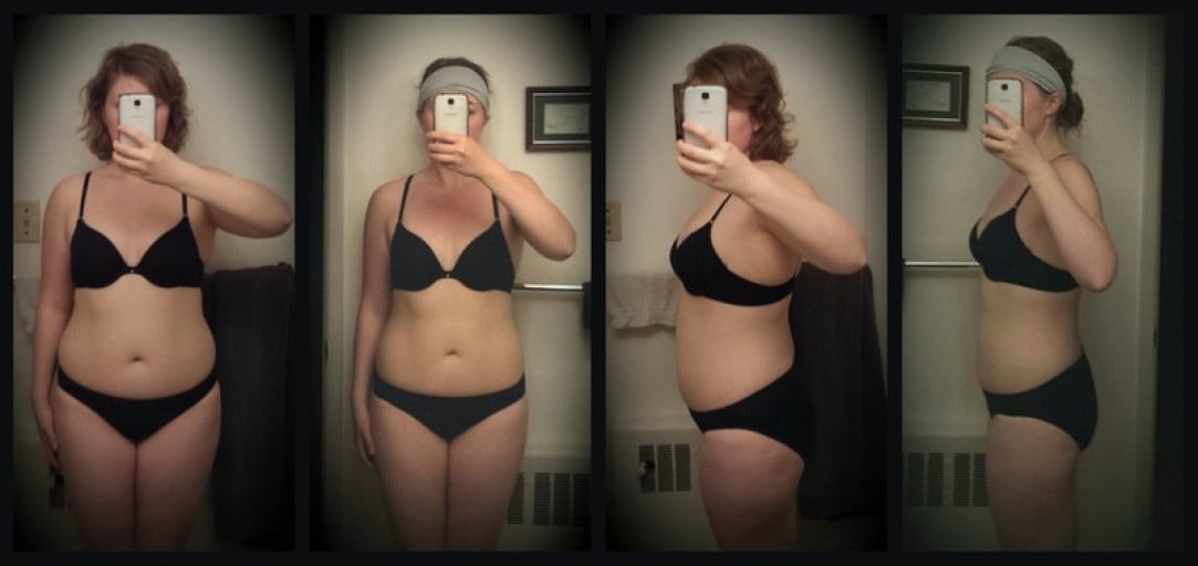 A progress pic of a 5'7" woman showing a fat loss from 179 pounds to 161 pounds. A net loss of 18 pounds.
