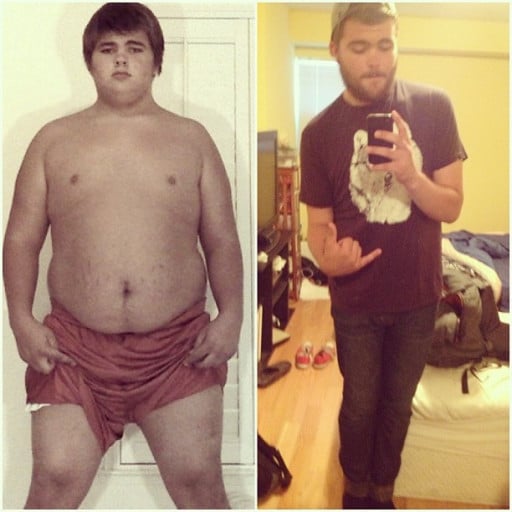 A photo of a 6'0" man showing a weight loss from 315 pounds to 215 pounds. A total loss of 100 pounds.