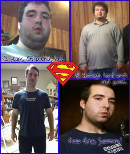A picture of a 5'10" male showing a weight loss from 264 pounds to 175 pounds. A net loss of 89 pounds.
