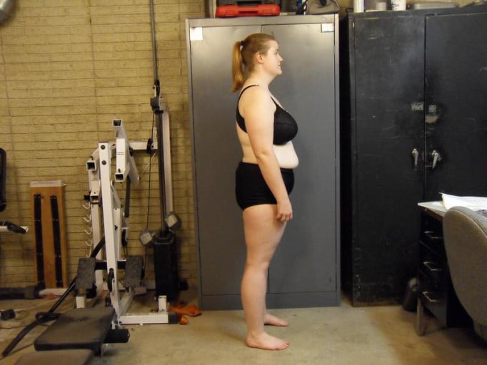 A photo of a 5'7" woman showing a snapshot of 199 pounds at a height of 5'7