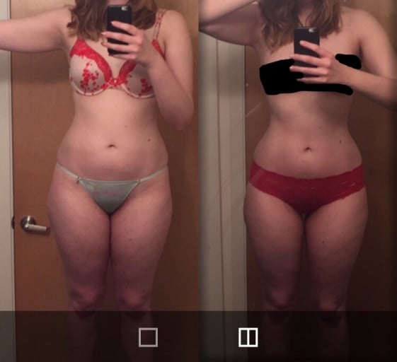 A before and after photo of a 5'10" female showing a weight reduction from 180 pounds to 170 pounds. A net loss of 10 pounds.