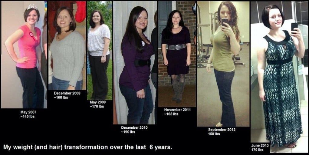 A photo of a 5'7" woman showing a weight cut from 190 pounds to 170 pounds. A total loss of 20 pounds.