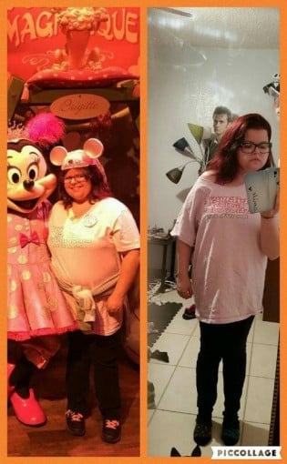 A progress pic of a 5'0" woman showing a fat loss from 190 pounds to 130 pounds. A net loss of 60 pounds.