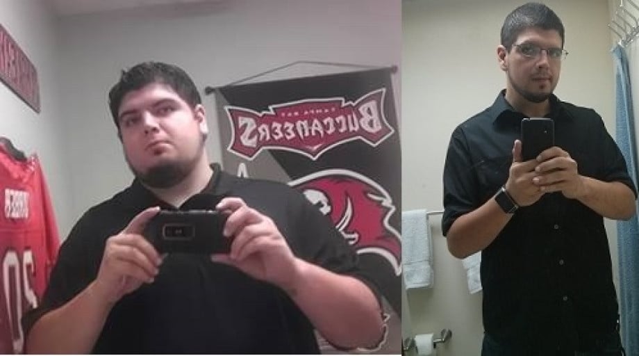 A photo of a 6'2" man showing a weight cut from 309 pounds to 209 pounds. A respectable loss of 100 pounds.