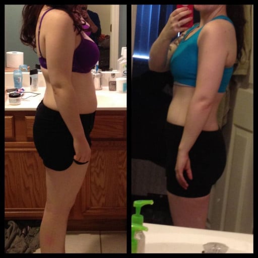 A picture of a 5'2" female showing a fat loss from 135 pounds to 129 pounds. A net loss of 6 pounds.
