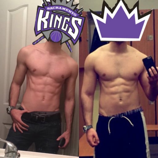 A progress pic of a 6'0" man showing a muscle gain from 150 pounds to 180 pounds. A respectable gain of 30 pounds.