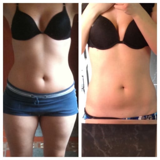 A progress pic of a 5'9" woman showing a fat loss from 183 pounds to 165 pounds. A net loss of 18 pounds.