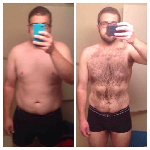 A picture of a 5'11" male showing a weight loss from 250 pounds to 199 pounds. A net loss of 51 pounds.