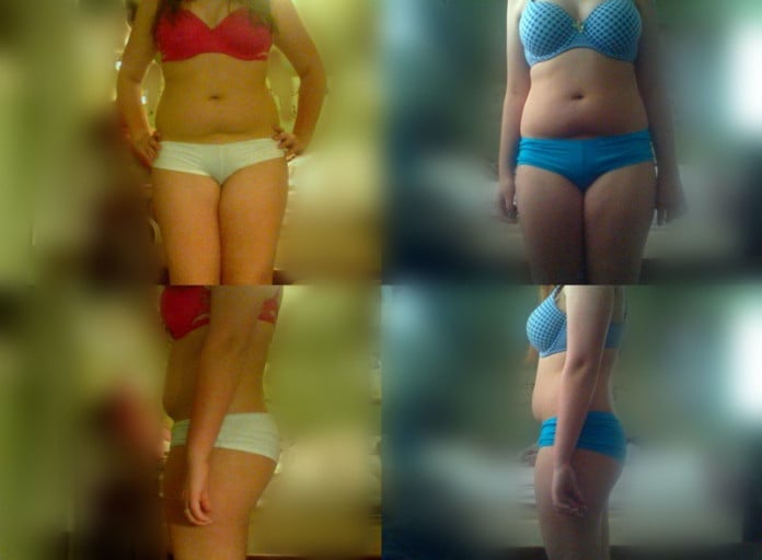 A progress pic of a 5'6" woman showing a fat loss from 177 pounds to 159 pounds. A total loss of 18 pounds.