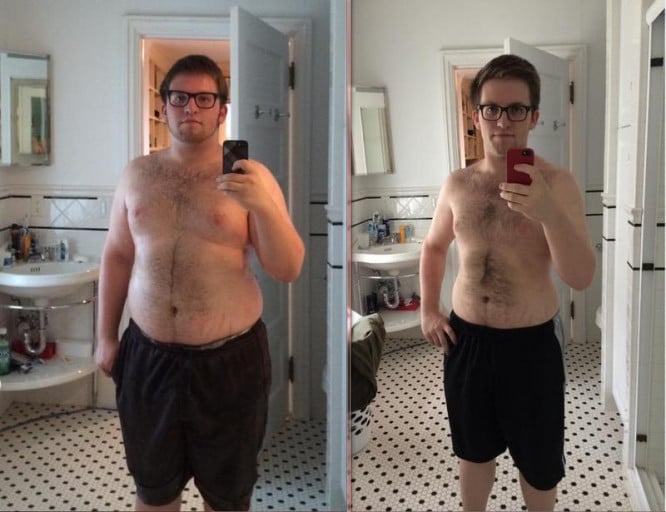A photo of a 5'8" man showing a weight cut from 240 pounds to 170 pounds. A total loss of 70 pounds.