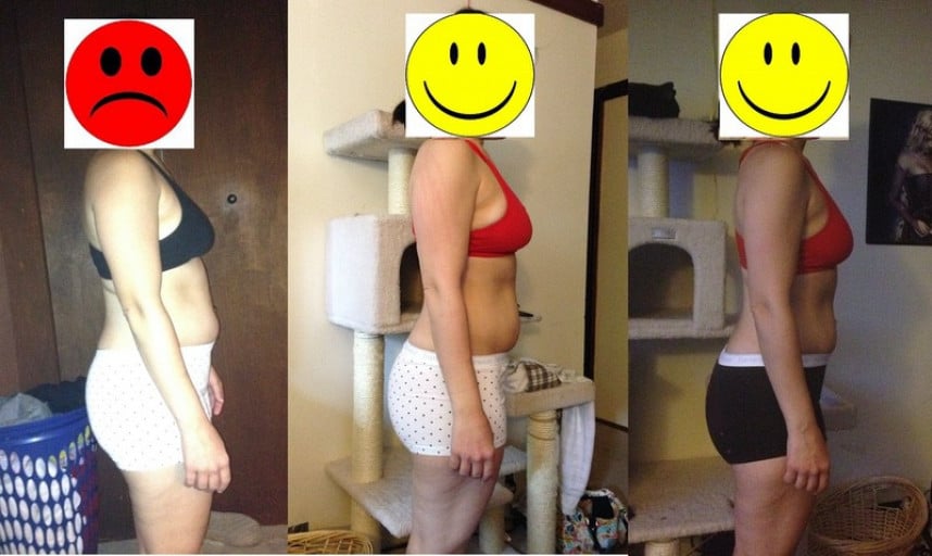 A photo of a 5'1" woman showing a fat loss from 148 pounds to 135 pounds. A total loss of 13 pounds.