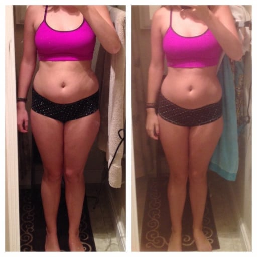 A before and after photo of a 5'3" female showing a weight reduction from 128 pounds to 121 pounds. A net loss of 7 pounds.