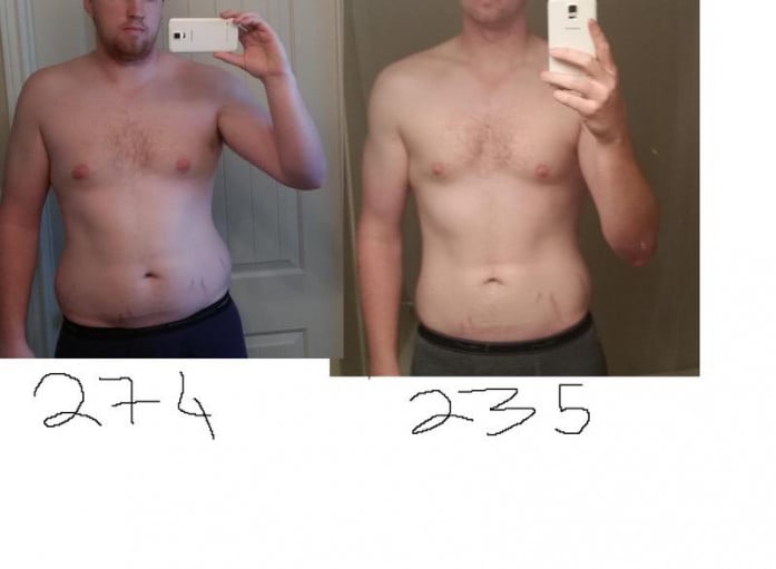 A progress pic of a 6'6" man showing a fat loss from 274 pounds to 236 pounds. A total loss of 38 pounds.
