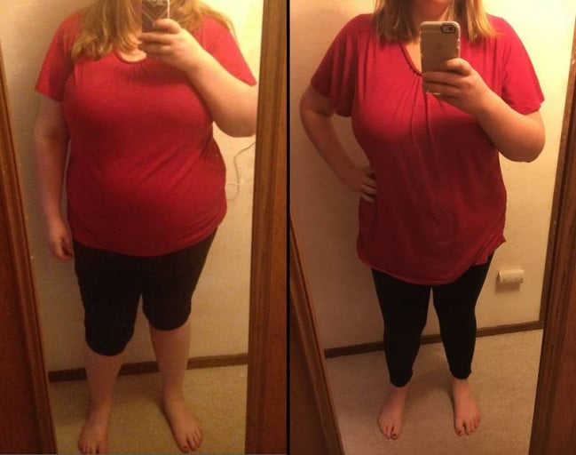 A photo of a 5'5" woman showing a weight cut from 265 pounds to 210 pounds. A respectable loss of 55 pounds.