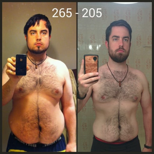 A progress pic of a 6'2" man showing a fat loss from 265 pounds to 205 pounds. A respectable loss of 60 pounds.