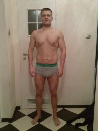A before and after photo of a 5'11" male showing a weight cut from 238 pounds to 171 pounds. A total loss of 67 pounds.