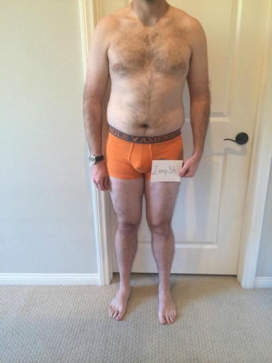 A before and after photo of a 6'0" male showing a snapshot of 199 pounds at a height of 6'0