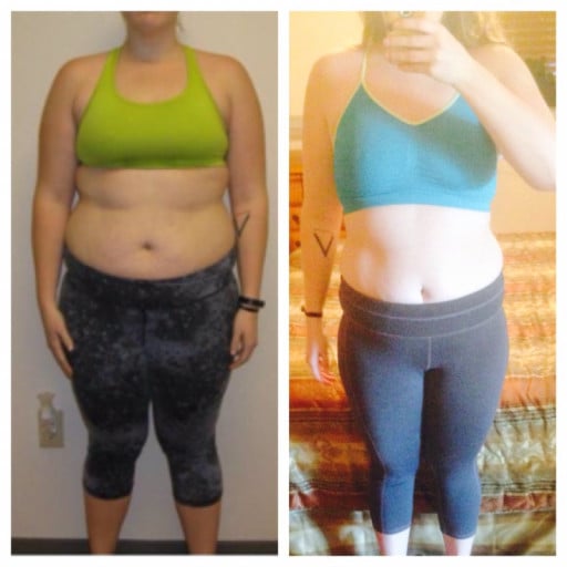A before and after photo of a 5'7" female showing a weight cut from 204 pounds to 189 pounds. A net loss of 15 pounds.