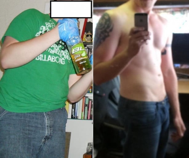 A progress pic of a 5'10" man showing a fat loss from 220 pounds to 155 pounds. A respectable loss of 65 pounds.