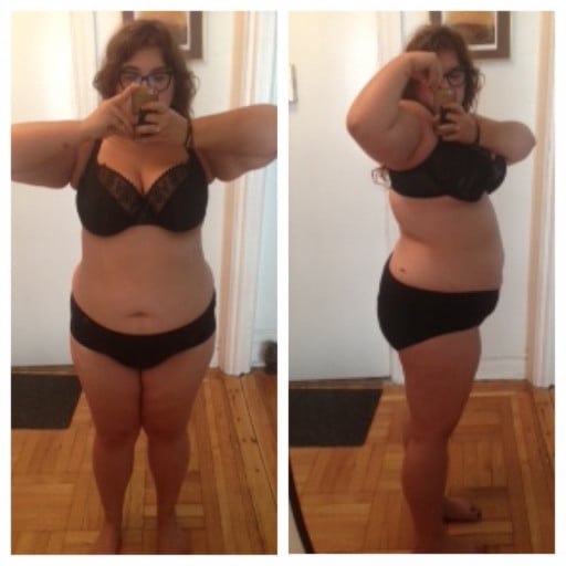 A progress pic of a 5'3" woman showing a weight loss from 243 pounds to 179 pounds. A total loss of 64 pounds.