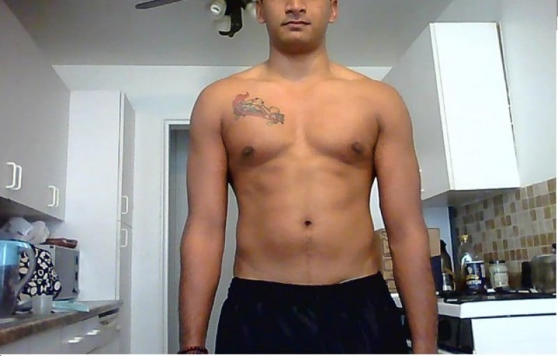A before and after photo of a 5'8" male showing a muscle gain from 120 pounds to 160 pounds. A respectable gain of 40 pounds.