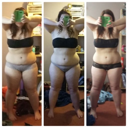 A before and after photo of a 5'3" female showing a weight reduction from 210 pounds to 195 pounds. A total loss of 15 pounds.