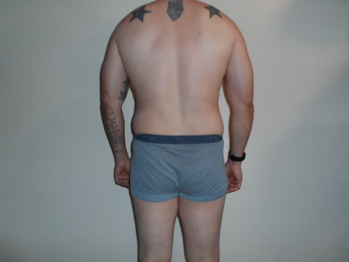 A before and after photo of a 5'9" male showing a snapshot of 204 pounds at a height of 5'9