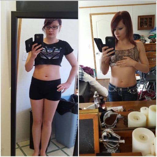 A progress pic of a 5'1" woman showing a fat loss from 120 pounds to 109 pounds. A respectable loss of 11 pounds.