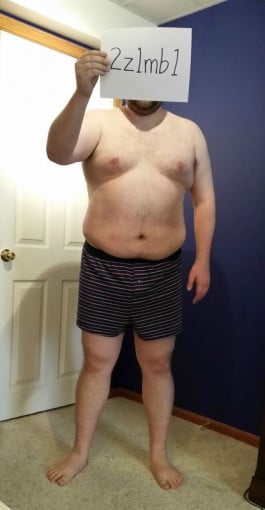 A before and after photo of a 6'0" male showing a snapshot of 296 pounds at a height of 6'0