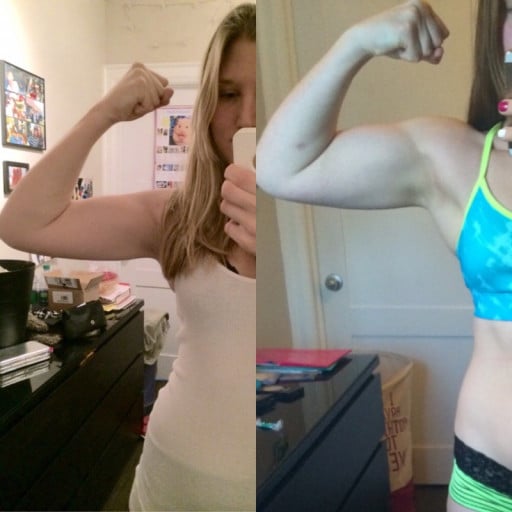 A progress pic of a 5'4" woman showing a fat loss from 156 pounds to 147 pounds. A respectable loss of 9 pounds.