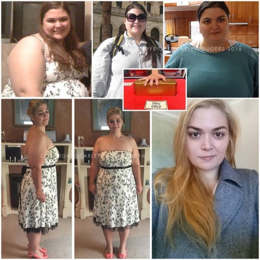 A picture of a 5'9" female showing a weight loss from 368 pounds to 257 pounds. A net loss of 111 pounds.
