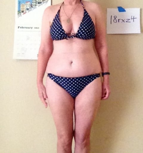A before and after photo of a 5'8" female showing a snapshot of 175 pounds at a height of 5'8
