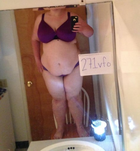A before and after photo of a 5'6" female showing a snapshot of 242 pounds at a height of 5'6