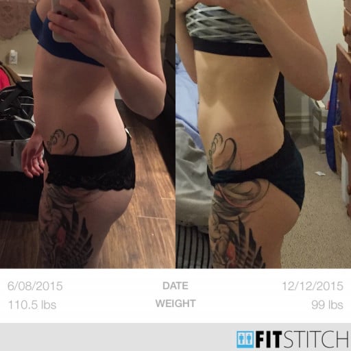 A picture of a 5'1" female showing a weight cut from 113 pounds to 99 pounds. A net loss of 14 pounds.