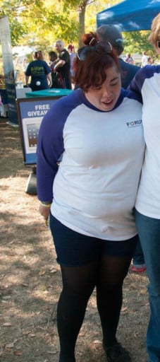 A photo of a 5'3" woman showing a fat loss from 219 pounds to 199 pounds. A respectable loss of 20 pounds.