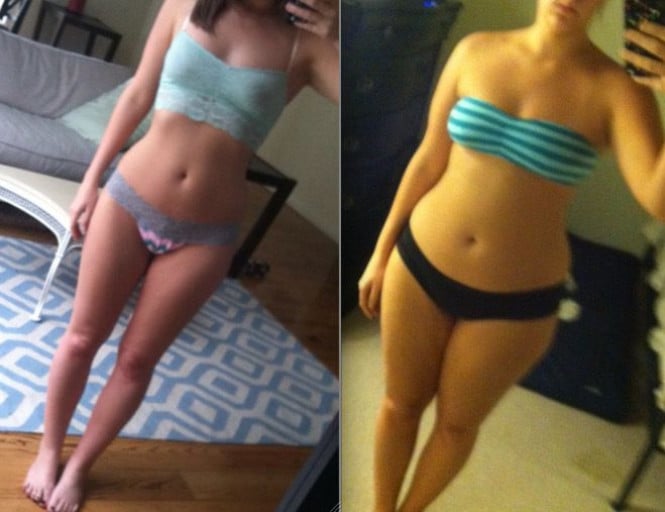 A progress pic of a 5'5" woman showing a fat loss from 160 pounds to 128 pounds. A net loss of 32 pounds.