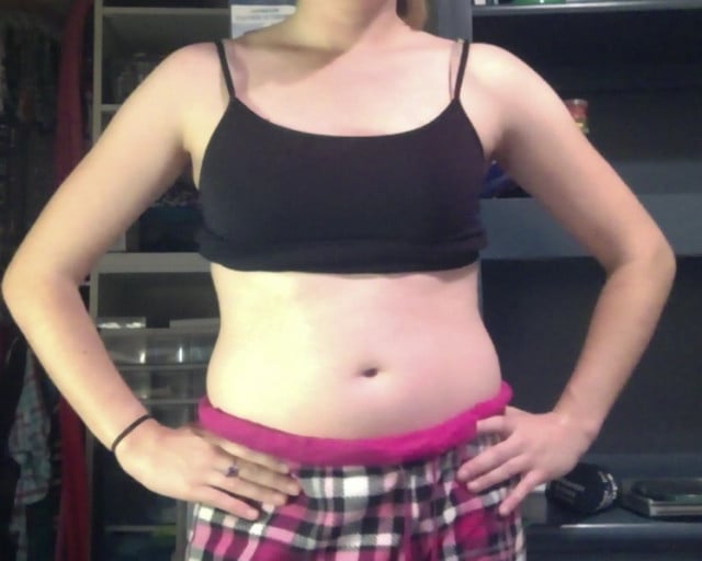 A progress pic of a 5'3" woman showing a weight cut from 141 pounds to 134 pounds. A total loss of 7 pounds.