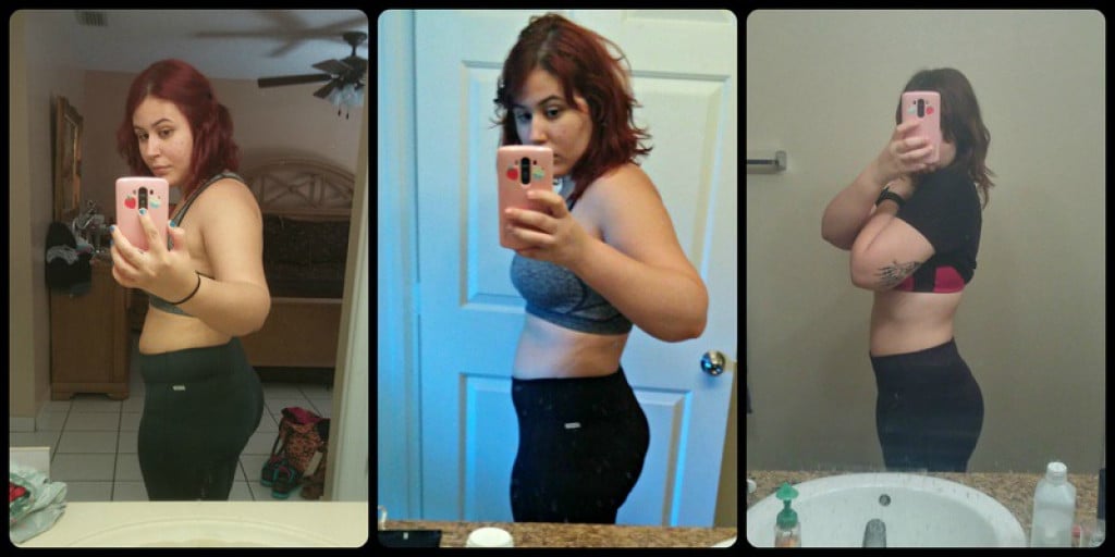 A before and after photo of a 5'5" female showing a weight cut from 178 pounds to 148 pounds. A respectable loss of 30 pounds.