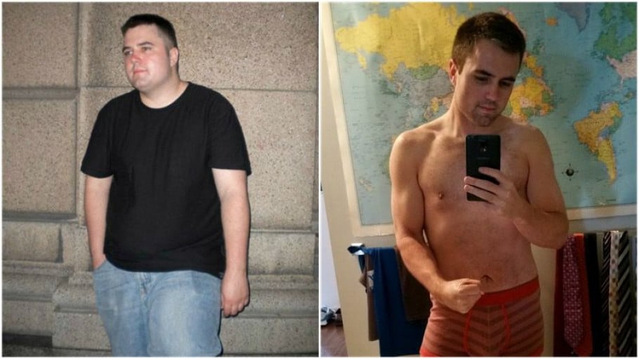 A photo of a 6'0" man showing a fat loss from 300 pounds to 182 pounds. A net loss of 118 pounds.