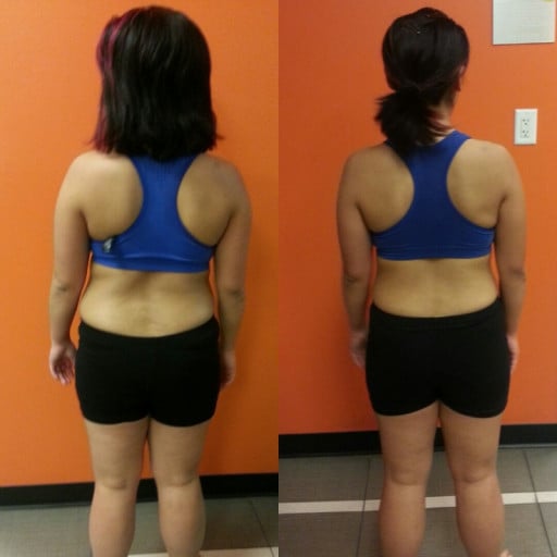 A before and after photo of a 5'2" female showing a weight loss from 151 pounds to 135 pounds. A total loss of 16 pounds.