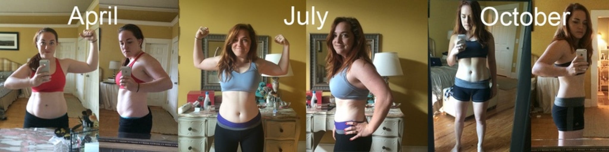 A photo of a 5'0" woman showing a weight cut from 146 pounds to 131 pounds. A total loss of 15 pounds.