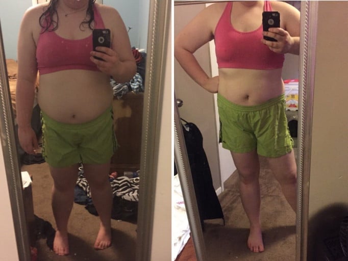 A progress pic of a 5'7" woman showing a fat loss from 275 pounds to 228 pounds. A total loss of 47 pounds.