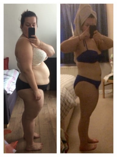 A photo of a 5'1" woman showing a weight cut from 203 pounds to 201 pounds. A total loss of 2 pounds.
